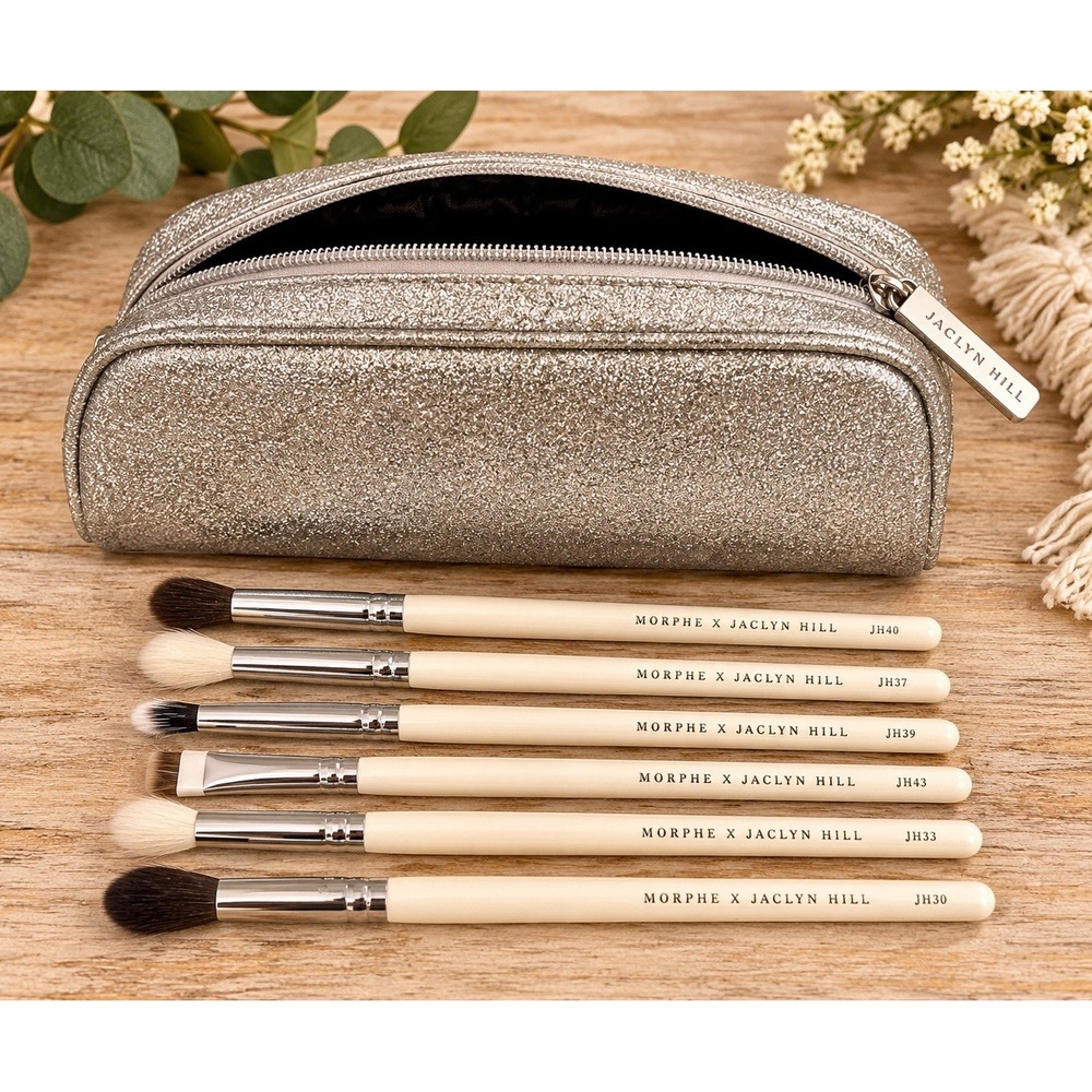 Morphe x Jaclyn Hill Makeup Brush Set 6 Brushes Silver Glitter Bag NEW